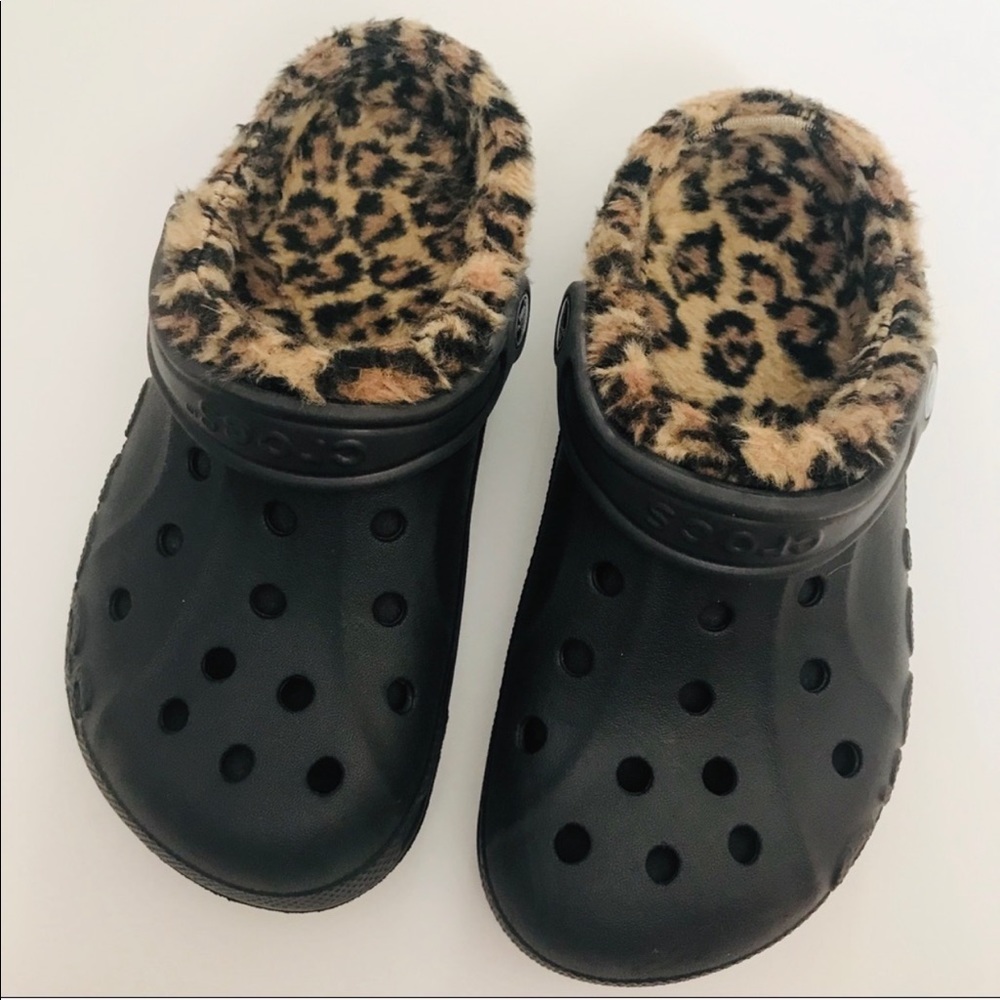 Leopard cheetah fur lined crocs